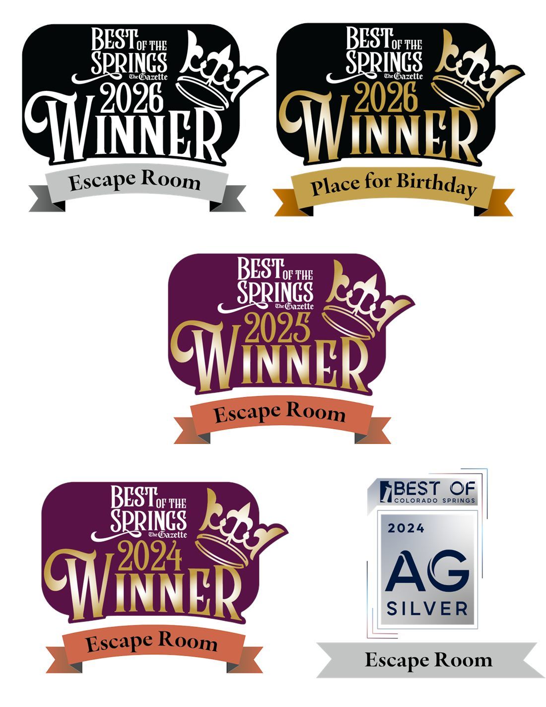 Escaped In Time awards: Best of the Springs 2024, 2025 and 2026 Winner for Escape Room, 2026 Winner for Best Place for a Birthday, and Best of Colorado Springs 2024 Silver